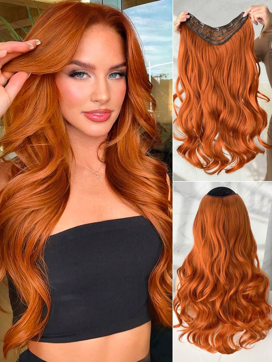 HEYPINK 1pc Long Synthetic Wavy Curly Hair Extension Piece For Women, Layered Soft Invisible Hair Extensions, Deep Walnut Red Orange, 22 Inches