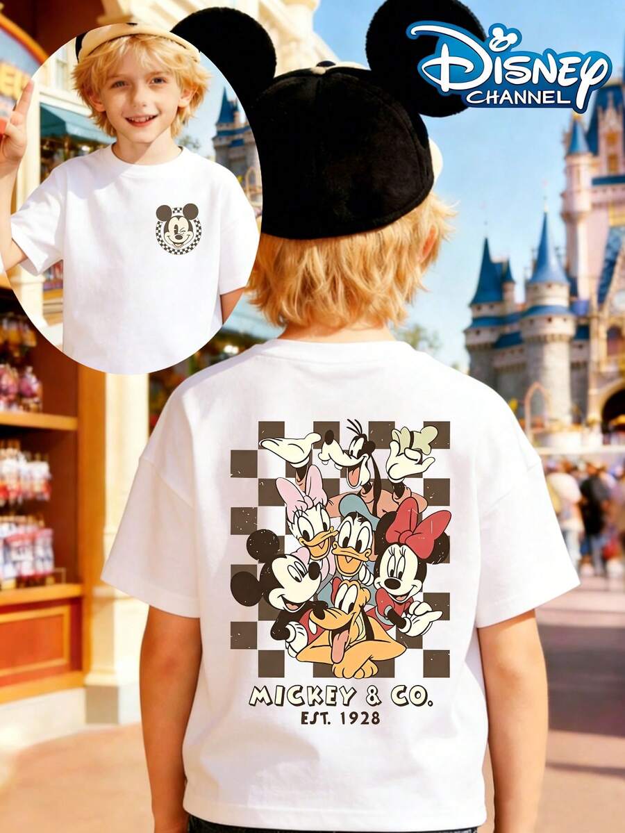 Disney's Mickey Mouse Double Printed Checkerboard Characters Mickey, Minnie, Daisy, Donald Duck, Goofy, Pluto Print Pattern Summer Tops,Short-Sleeved Casual And Cute Style  Children's Clothing Design, Girl Clothes For Kids Clothes ,Ropa Para Niños,Teen Girls Clothes, Summer Clothes,Boys Summer Outfits,Boys Clothes,Perfect For Cool Girls. Comfortable And Breathable Children's Short-Sleeved T-Shirt. Comfortable And Casual Wear All Year Children's Clothes,Comfortable & Lightweight, Iconic Print For Mix-And-Match Outfits,Suitable For Both Boys And Girls. - 白色 - 查看 1