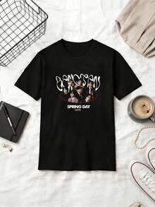 Spring Day Retro Style Fan Cotton Summer Short Sleeve T-Shirt - Black - View 1