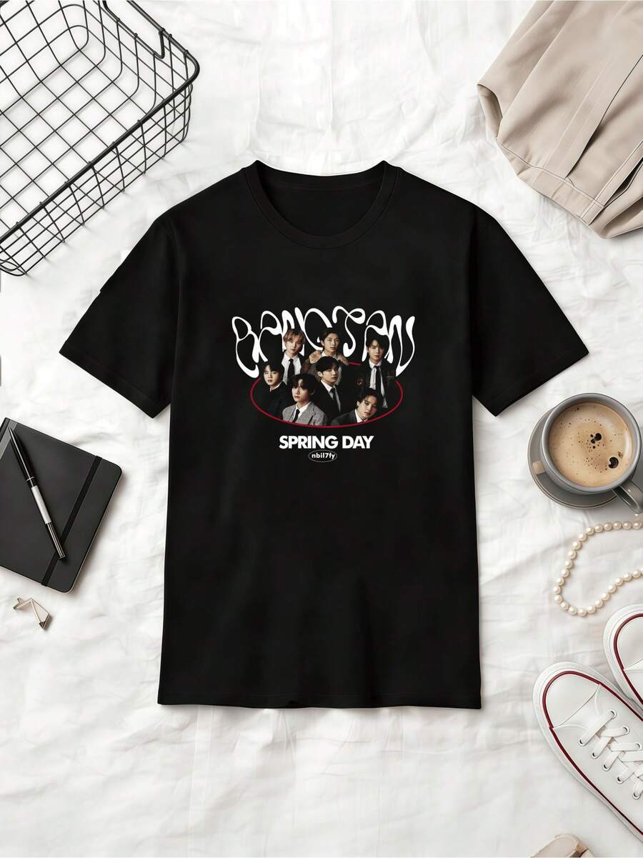 Spring Day Retro Style Fan Cotton Summer Short Sleeve T-Shirt - Black - View 1