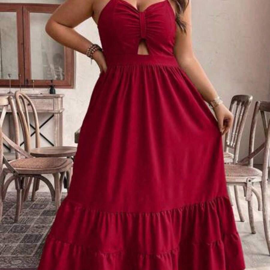Plus Size Summer Cut Out Ruffle Casual Shirred Dress With Thin Straps For New Year Clothes Maxi Women Outfit - Rojo - Ver 1