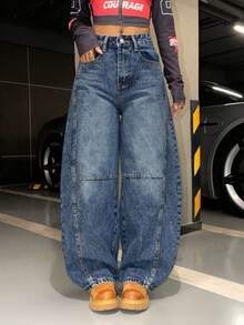 Jeans tipo barrel para mujer con diseño de múltiples bolsillos - Azul - Ver 2