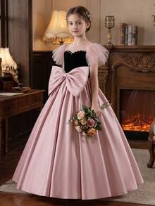 Teen Girl Elegant Ruffle Sleeve Handmade Beaded Black & Lotus Pink Satin Long Party Dress With 3D Bow Waist And Flared Skirt, Suitable For Wedding, Birthday, Party, Prom, Banquet, Flower Girl, Bridesmaid, Graduation - Dusty Pink - View 2