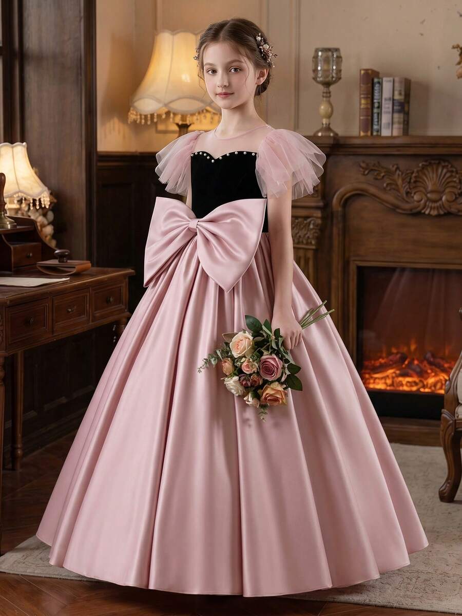 Teen Girl Elegant Ruffle Sleeve Handmade Beaded Black & Lotus Pink Satin Long Party Dress With 3D Bow Waist And Flared Skirt, Suitable For Wedding, Birthday, Party, Prom, Banquet, Flower Girl, Bridesmaid, Graduation