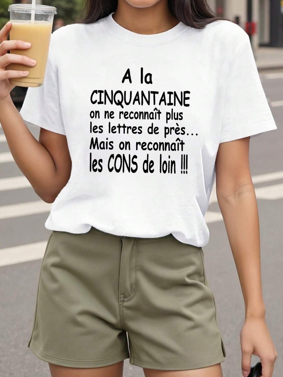 Camiseta de frase francesa de mujer "A La Cinquine" - Blusa corta Sve cuello de tripulación casual con letras francesas, traje casual primavera verano y atuendo 50 (A la cinquine)