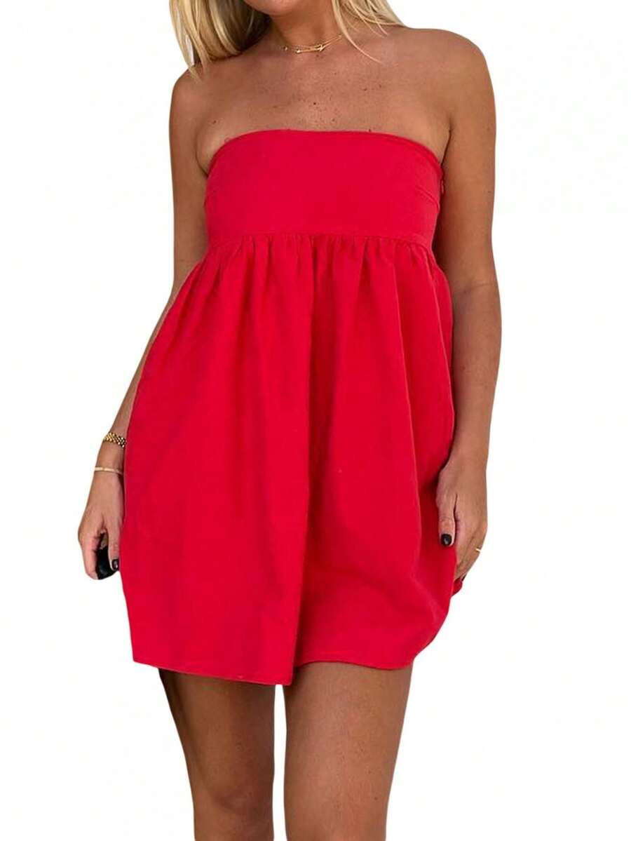 Women Tube Dress Solid Color A-Line Dress Strapless Dress Summer Backless Mini Dress - Red - View 1