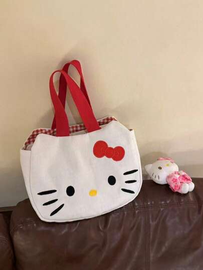 SANRIO 1 Túi vải canvas hình mèo con dễ thương mới dành cho nữ, thiết kế họa tiết hoạt hình, túi xách dung tích lớn, hoàn hảo cho việc đi lại hàng ngày, đi làm, đi học và mua sắm, túi tote nhẹ, dễ mang theo, lý tưởng cho những buổi đi chơi thường ngày và sử dụng hàng ngày.