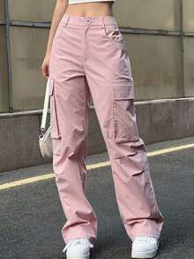 Pantalones cargo de unicolor casual y sencillo para primavera - Rosa - Ver 2
