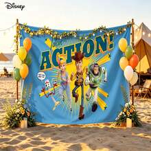 Disney Classic Toy Story Character Ensemble Cartoon Print, Blue Background Paired With Dynamic English Slogan No-Hole Backdrop, Perfect For Parties, Camping, Home Decor, Scene Setup And Gathering Displays - 0 - View 2