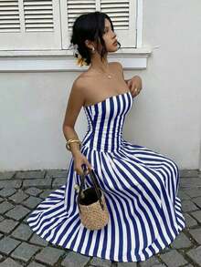 Vestido bandeau con cintura ceñida y estampado de lunares, estilo vacacional - Multicolor 7 - Ver 4