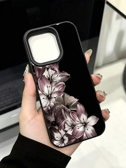 1个中国风深紫色百合花手机壳，时尚荔枝纹理防滑耐用保护套，全包式TPU材质，兼容 17/17Pro/17ProMax/16/16Pro/16ProMax/15/15Pro/15ProMax/14/13/12/11