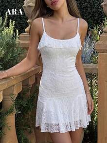 ARA CHIC Women's White Lace Elegant Spaghetti Strap Mini Dress, Ruffle Hem Fitted Party Skirt, Romantic Style, Summer New Arrival - White - View 4
