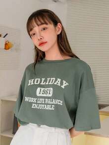 Camiseta de verano oversize con gráfico de letras y hombros caídos - Verde Oscuro - Ver 3