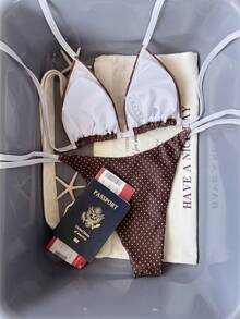 Bộ đồ bơi mùa hè dành cho nữ, áo hai dây chấm bi kết hợp với quần bikini buộc dây phía trước, bộ bikini kiểu dáng ngọt ngào dành cho bé gái. - cà phê - Xem 3