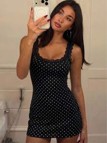 Hugcitar Vestido mini elegante con estampado de lunares y tirantes, sin espalda, sexy, ajustado, ropa de primavera y verano para mujer, fiesta de cumpleaños, vacaciones - Negro - Ver 4