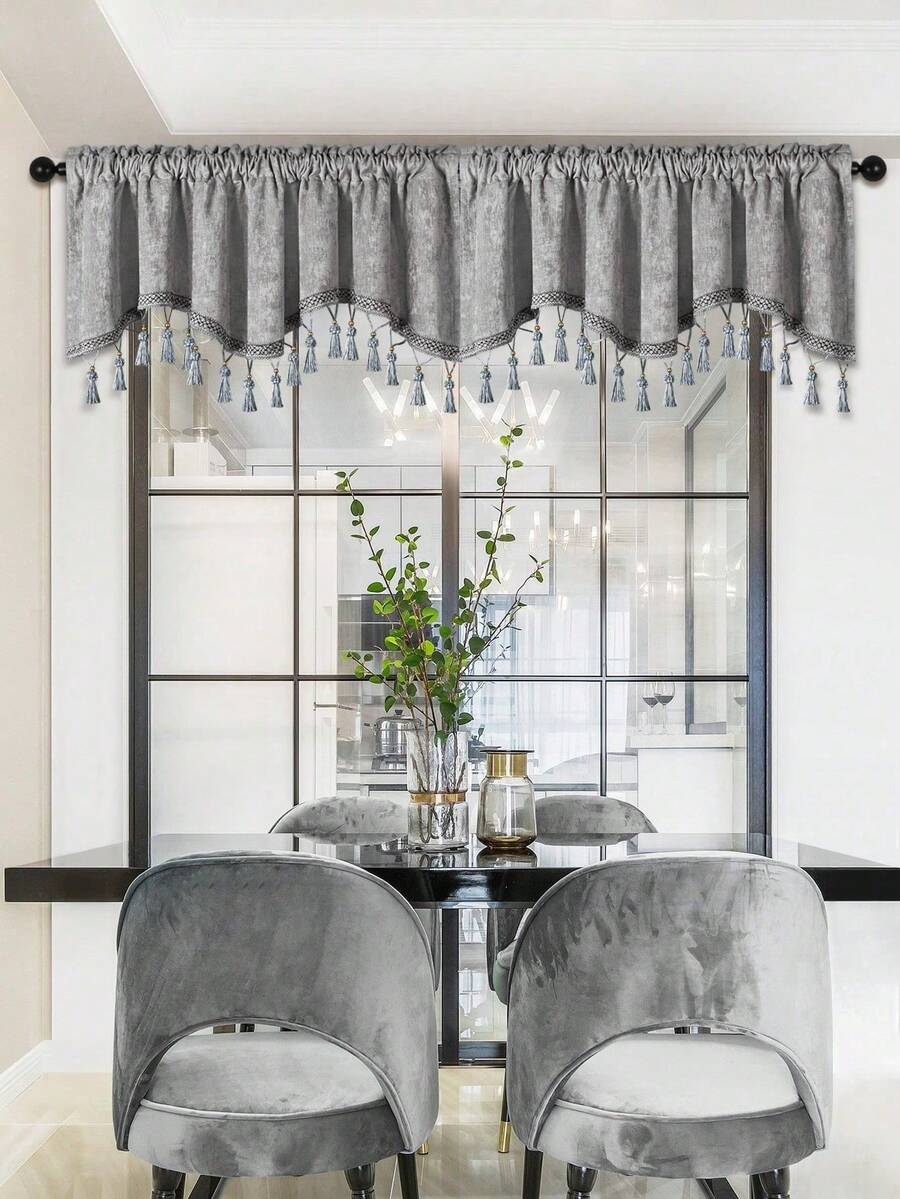 1pc Silver Gray Curtain, Vintage Chenille S-Shaped Tassel Valance, Suitable For Window And Door Decor - Silver Gray - View 1