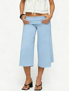 Women 's Fold Over Lounge Capris Wide Leg Low Rise Cropped Gaucho Pants Solid Color Flowy Pajama Bottom - Màu xanh lam - Xem 4