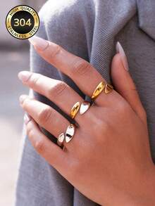 Uself 3pcs/1pc Fashion Dual-Tone Teardrop Open Ring, 18K Gold Plated 304 Stainless Steel Ring, Minimalist Geometric Style Ring, Suitable For Women, Teenage Girls & Various Occasions, Women's Jewelry, Western Jewelry, Brand Women, Holiday Gift - Multicolor - View 3