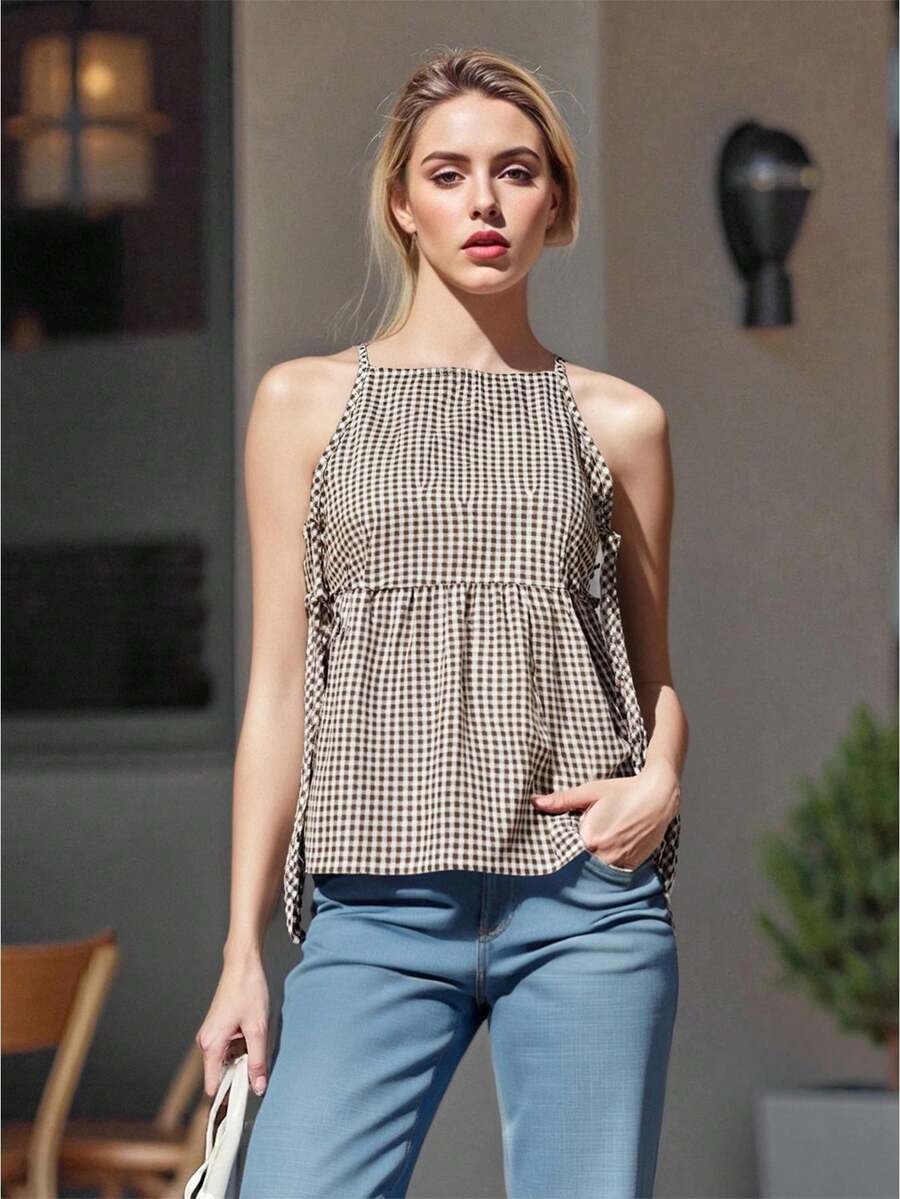 Women's Tie Strap Tank Tops Solid Plaid Pattern Side Ties Sleeveless Spaghetti Straps Camisole for Summer - Café integral - Ver 1
