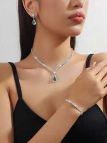 4/3pcs Women's Elegant Water Drop Pendant Necklace, Earrings & Bracelet Jewelry Set, Perfect Bridal Accessory For Weddings, Party & Daily Wear - 白色四件套裝 - 查看 9