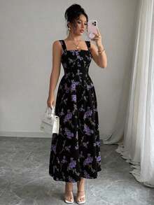 Vestido largo elegante con pliegues y recogido en la cintura con estampado floral, para la última temporada de primavera/verano para mujeres - Negro 2 - Ver 9