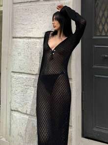 Women's Vacation Solid Color Deep V Hollow Out Long Sleeve Cover Up Dress - Black - View 4