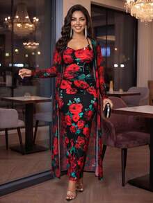 SHEIN Lady Ngày lễ tình nhân/Tiệc năm mới/Đa năng để mặc hàng ngày khi đi làm/Mặc trong mọi mùa Áo choàng dài tay in hoa hồng dành cho nữ & Đầm cổ chữ V Bộ 2 món thanh lịch - Nhiều màu - Xem 6
