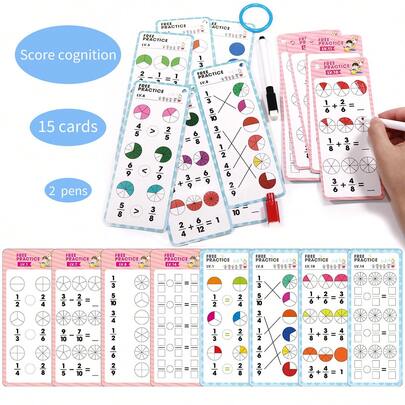 Bộ 15 thẻ học phân số nhiều màu sắc, có thể tái sử dụng, kèm 2 bút, thẻ học phân số để học toán, lý tưởng cho việc học tại nhà, đồ dùng cho giáo viên, quà tặng học tập cho trẻ em, quà tặng ngày lễ, quà Giáng sinh.