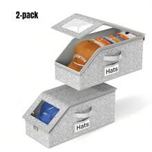 2 Pack Stackable Foldable Hat Storage Box With Hard Lid & Clear Window - Durable Fabric Organizer For Baseball Caps, Hats - Space-Saving Closet, Shelf, Under Bed Storage For Men & Women - Wardrobe Organizer & Storage, Hat Storage Organizer, Shelf Organizer, Clear Design, Sturdy Construction, Home Declutter, Compact Design, Reinforced Stitching, Home Organizer - Grey - View 12