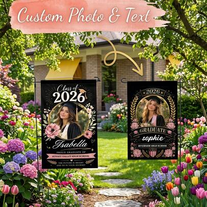 1 pieza Bandera de jardín personalizada con foto de graduación, bandera de patio personalizada con foto/nombre/nombre de la escuela Clase de 2026, corona de flores, regalo de graduación de escuela secundaria o universidad, letrero de bienvenida de fondo negro para decoración de patio, decoración de fiesta, foto conmemorativa