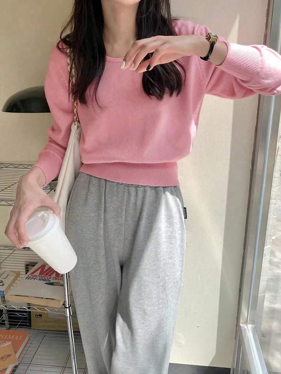 女士休闲纯色落肩圆领长袖毛衣 粉色 - 粉色 - 查看 1