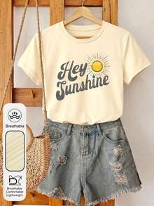 Áo thun nữ cỡ lớn in hình câu nói truyền cảm hứng về kỳ nghỉ hè "Đối xử tử tế với người khác", cổ tròn, tay ngắn, kiểu dáng thường ngày. Áo thun nữ màu cam in hình mặt trời, cổ tròn, tay ngắn, kiểu dáng boho, màu mơ. - Màu be - Xem 7