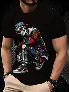 Camiseta de Moda para Hombre con Estampado 3D - Casual, Poliéster Transpirable, Lavable a Máquina, Cuello Redondo, No Transparente - Perfecta para el Verano - Negro - Ver 3