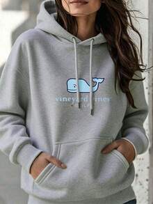 Whale Vineyard Vines Golf Pattern Hoodie Apparel Print Graphic Print Long Sleeve Drawstring Fleece Hoodie Pullover Pocket Sweatshirt For Women, Casual Oversized Long Sleeve Fashion Streetwear Pullover Black White Options, Winter Clothes, Suitable For Parties, Outdoor Activities, And Leisure - 淺灰色 - 查看 7