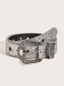 1 Stück Damen Western Cowgirl Gürtel mit schweren Strass-Schnalle im Y2K-Stil, geeignet für den täglichen Gebrauch, Partys und Zusammenkünfte - Silber - Übersicht 2