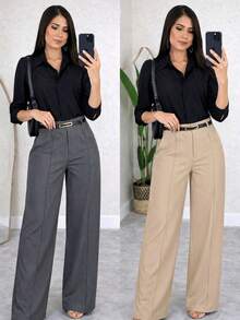 Kit Of 2 Women's Tailored Wide Leg Pants With Belt - 灰色/米色 - 查看 2