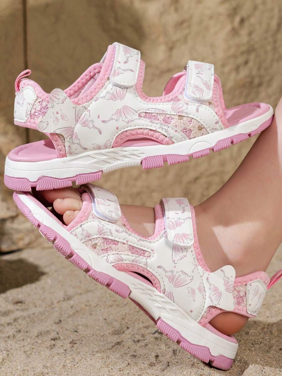 Sandalias de verano para niñas con estampado de mariposa, de punta abierta y correa ajustable, zapatos para exteriores y playa antideslizantes