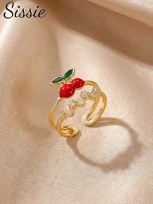 1 pieza Anillo abierto con forma de cereza chapado en oro de 18K, incrustado con circonita, adecuado para niñas jóvenes, madres, maestras, estilo bohemio, esencial para playa de verano, viajes, fiestas, carnaval/graduación, baile/fiesta/accesorio diario, joyería dorada, regalo de vuelta al colegio/cumpleaños - Dorado - Ver 1