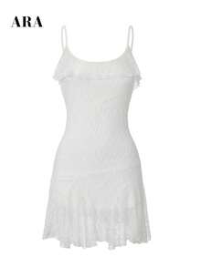 ARA CHIC Women's White Lace Elegant Spaghetti Strap Mini Dress, Ruffle Hem Fitted Party Skirt, Romantic Style, Summer New Arrival - White - View 6