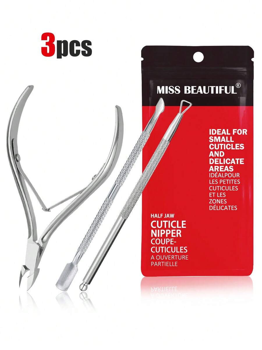 3pcs/Set Stainless Steel Nail Clippers, Nail File, Cuticle Pusher Nail Care Tool Kit, Nail Supplies, Back To School, Nail, Fake Nails Nail Tools, Professional Stainless Steel Nail Clipper Nail Cutter Multi-Function Cuticle Pusher Nail Care Manicure Tool Set - Silver - View 1