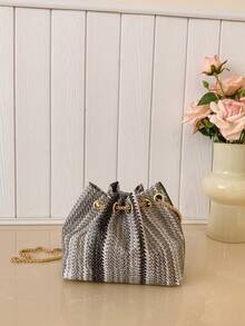 Mini New Fashion Straw Woven Gold Chain Drawstring Bucket Bag, Beach Bag - Black - View 6