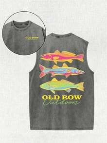Men's Casual Summer Washed Cotton T-Shirt Old Row Outdoor Fish Print, Round Neck Short Sleeve Lightweight Knitted Fabric, Rib Details 100% Cotton - 灰色背心 - 查看 10