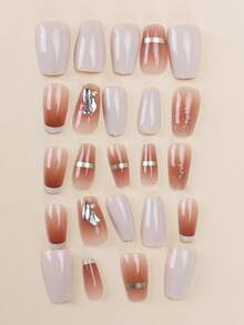 24 Pieces Press On Nails Short Square/Milky White, Sheer And Light Luxury Diamond-Decorated French Manicure - Multicolor - View 3