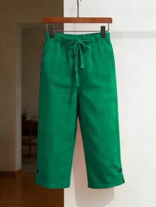 Pantalones Capri Holgados de Lino y Algodón de Color Sólido para Mujer, con Cinturón y Múltiples Bolsillos Delanteros y Traseros - verde - Ver 6