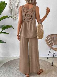 Conjunto de top sin mangas y pantalones de pierna ancha con parte posterior de malla de encaje para mujer, color albaricoque, para primavera/verano - Caqui 2 - Ver 4
