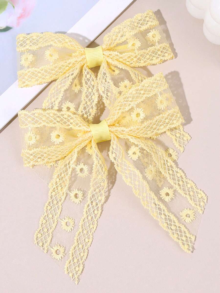 2pcs Yellow Floral Embroidered Lace Hair Clips With Tails, Spring/Summer Forest Style Hair Accessories For Sweet Girls And Teenagers - Yellow - View 1