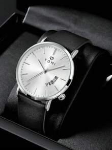 TOMI Teen Boys & Girls Silver White Dial Calendar PU Leather Quartz Wristwatch, Daily Wear Gift - Black - View 6