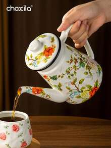 choxila 1pc Enamel Coffee Pot, Tea Pot,Floral Pattern Gooseneck Kettle, 1.2L Large Capacity, With Handle And Narrow Spout. It Can Be Used As An Oil Pot, Boiling Pot And Household Teapot, Suitable For Electric Stoves And Gas Stoves To Brew Coffee And Tea. - 1.2L Flower and Bird Enamel Kettle - View 10