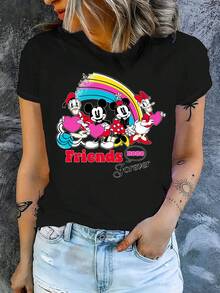 Disney 1件女士迪士尼米妮图案印花短袖T恤，圆领，弹力面料，易护理，适合日常穿着，时尚女士短袖T恤，休闲服饰 - 黑色 - 查看 3