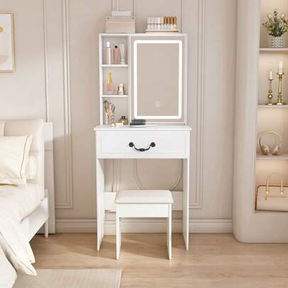 Dressing Table / Modern Mini Dressing Table / Dressing Table With Adjustable Lighting / With Illuminated Mirror And Hidden Storage Space / Including Upholstered Stool / Suitable For Bedrooms And Dressing Rooms
